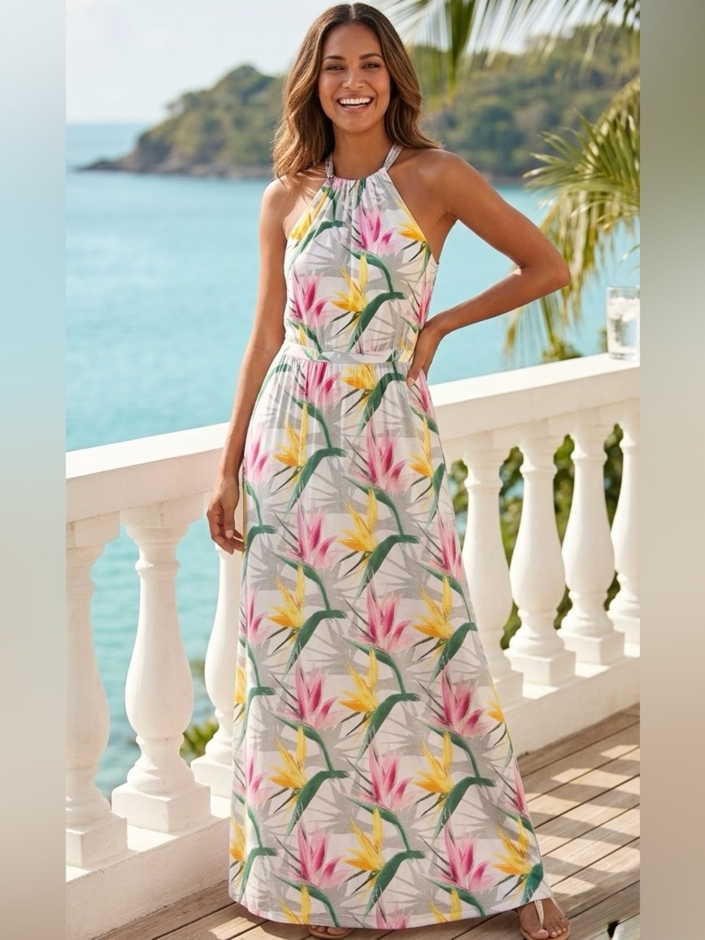TOMMY BAHAMA Birds of Paradise Tropical Floral Halter Maxi Dress Size L